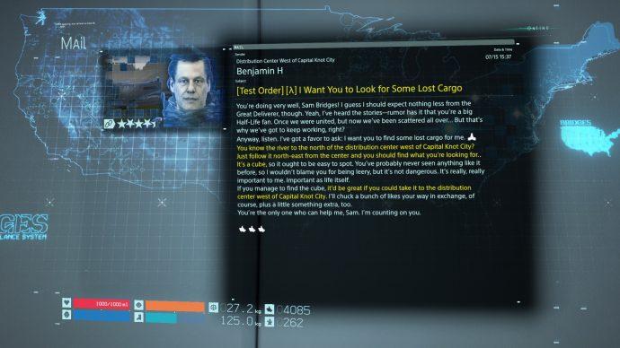 The first email detailing the location of a companion cube in Death Stranding.