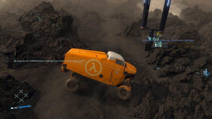 The Lambda Half-Life decoration for vehicles in Death Stranding. The truck is stuck between two rocks.