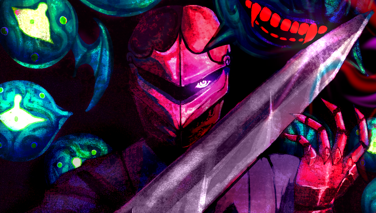 Character art for Blue Wyrm, showing a knight in a red visor with sword looking out at you from a mass of green surfaces, with a toothy red mouth looking over one shoulder.