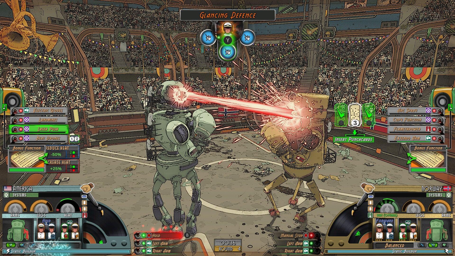 A robot boxer shooting a laser beam at another in atompunk autobattler Electro Bop Boxing League