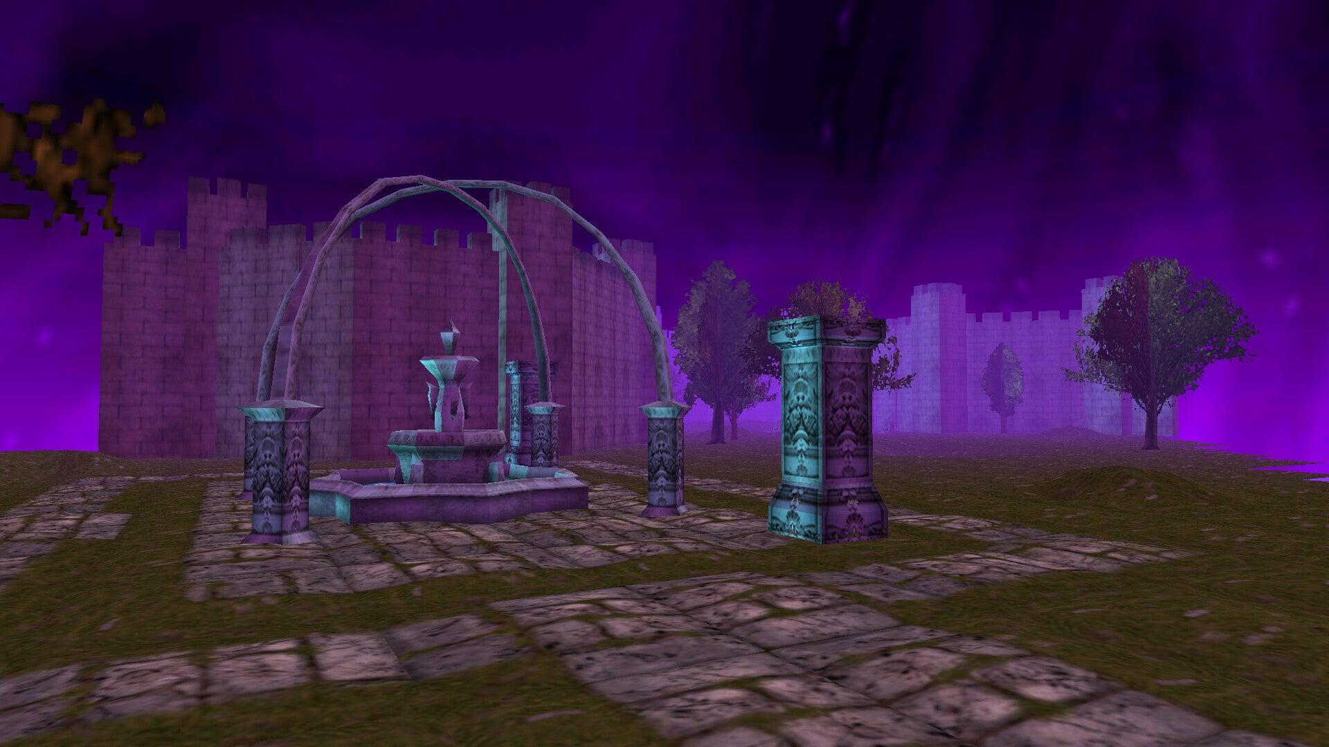 A purpley dungeon with stone walks and trees and a fountain, from Lunacid: Tears Of The Moon