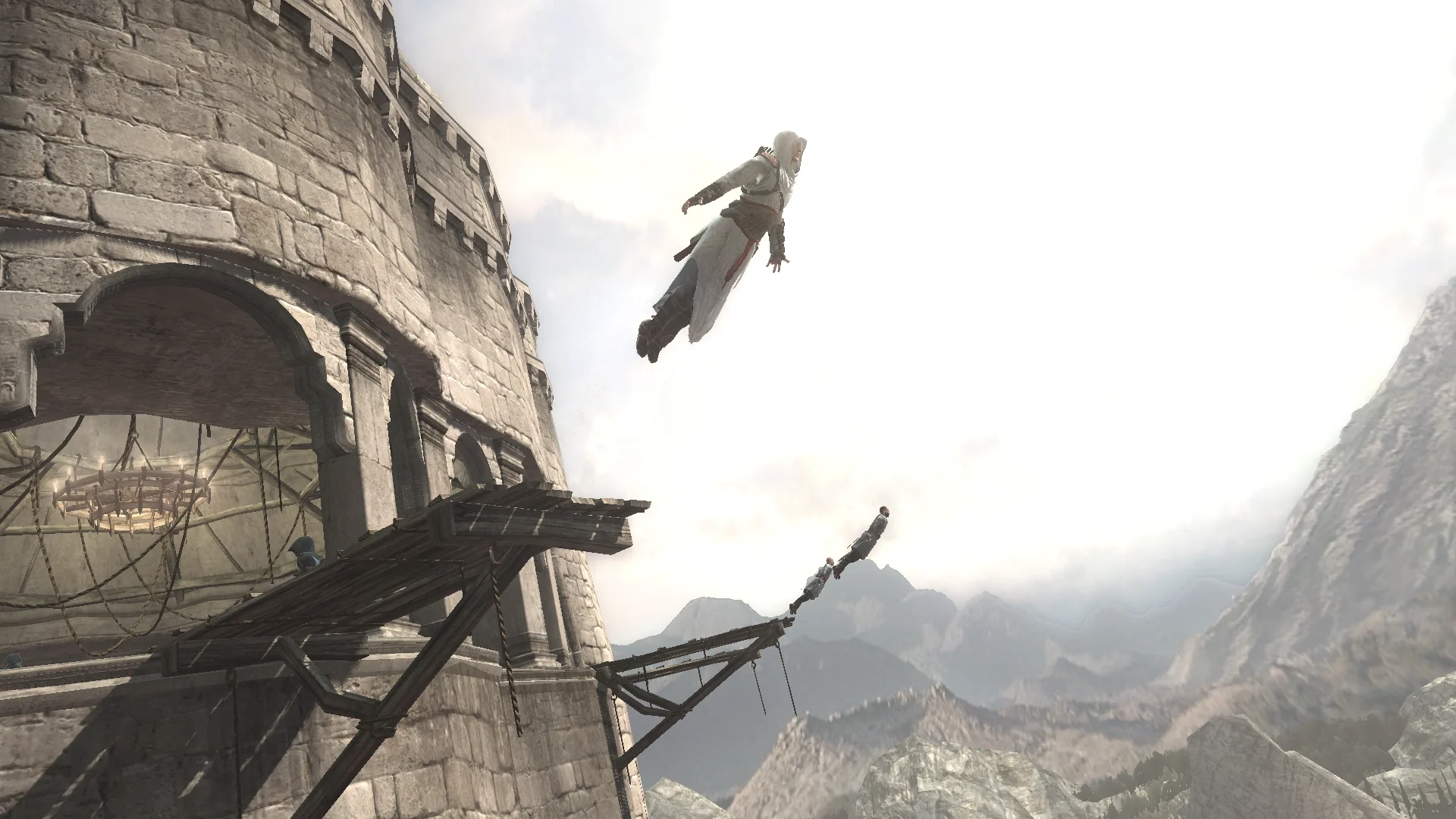 Several assassins in white robes throwing themselves from a castle's upper levels in Assassin's Creed