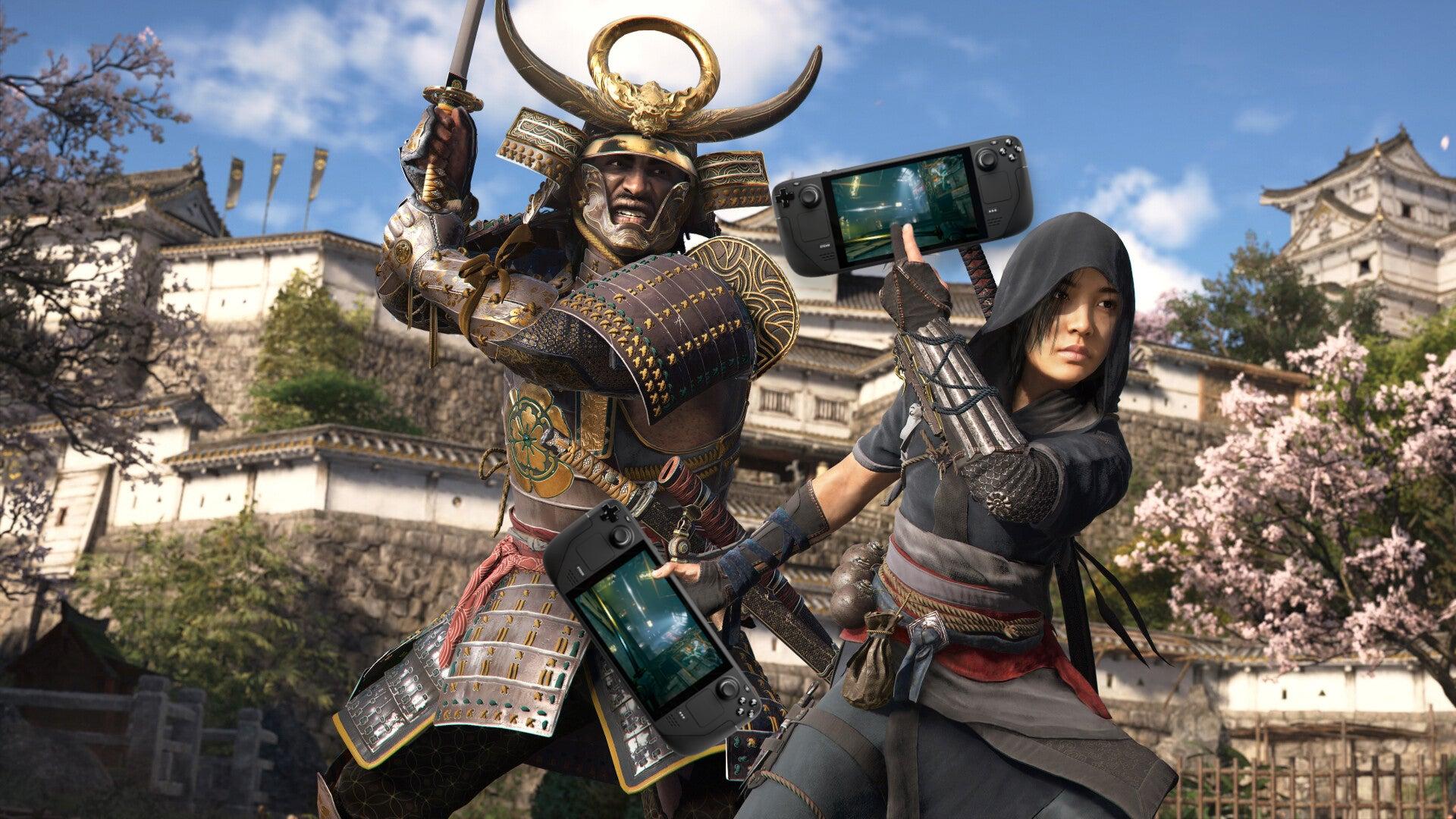 The heroes of Assassin's Creed Shadows, with shoddy editing to put a Steam Deck in each of Naoe's hands.