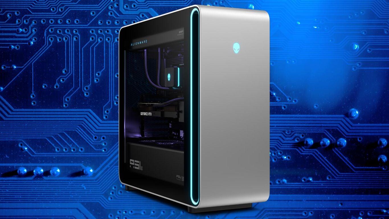 Alienware Arena 51 Prebuilt Gaming PC on a blue gradient circuit board background