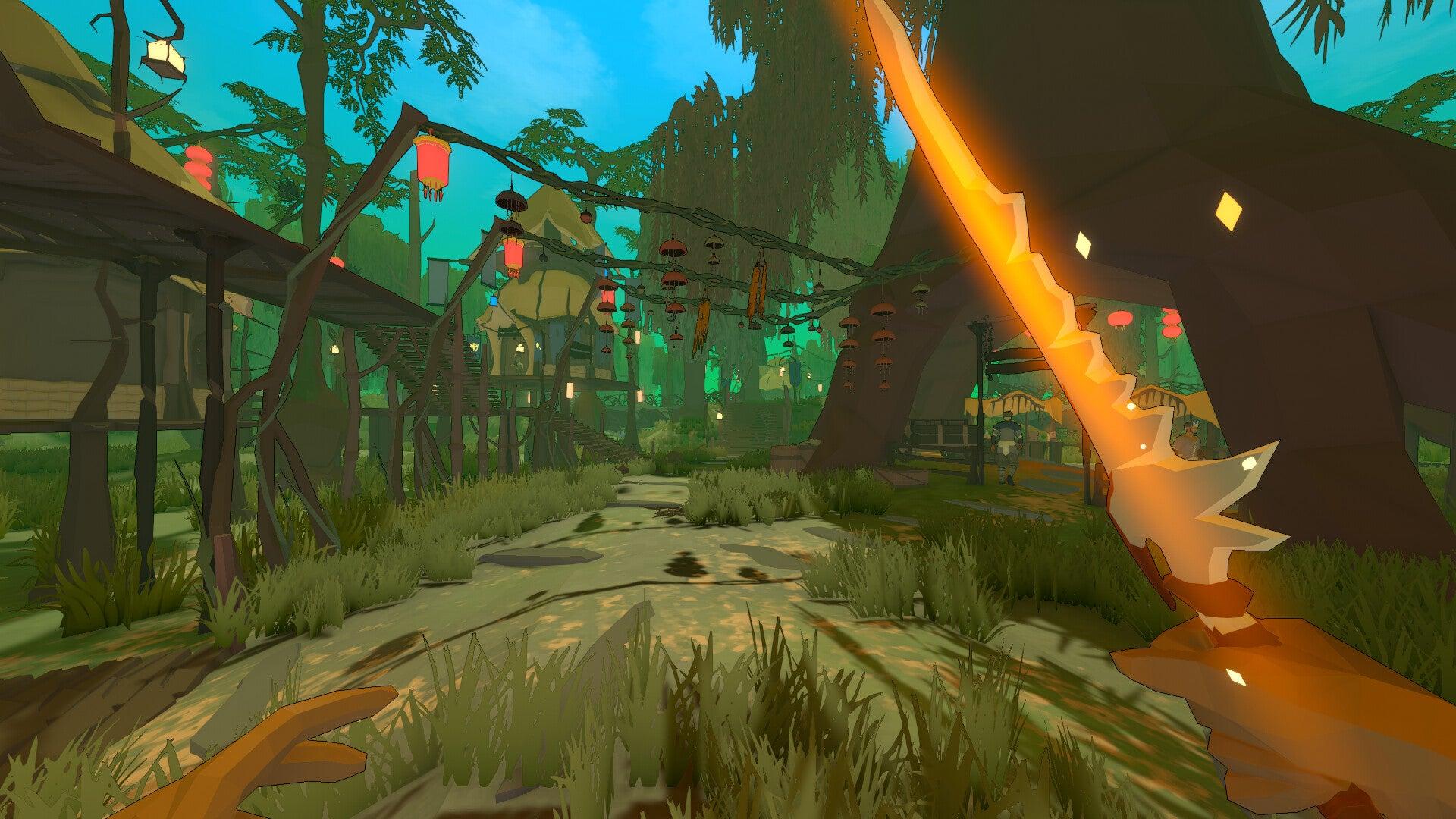 A first person view of a foresty village in RPG Ardenfall.