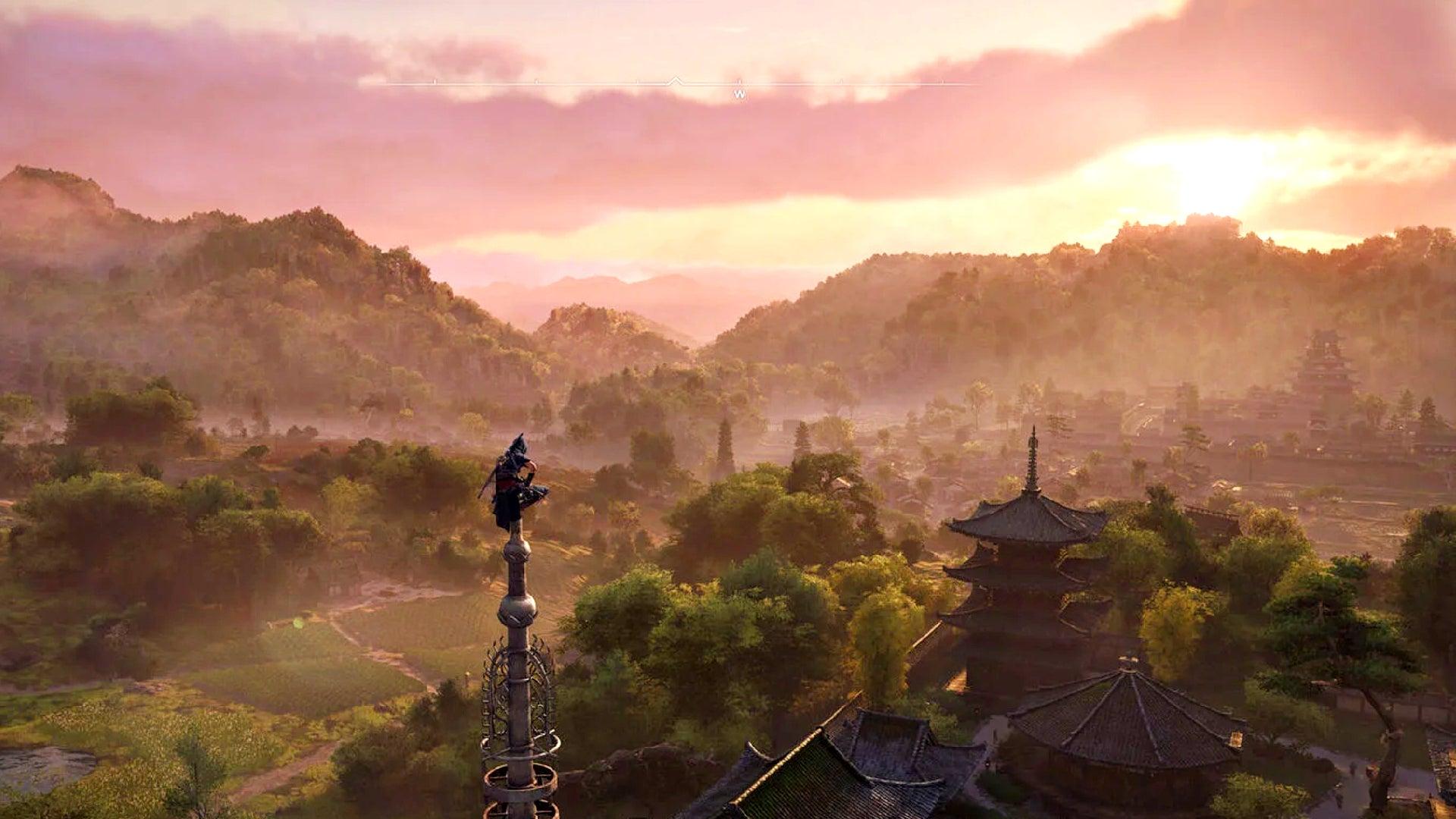 Naoe kneels on a spire, looking out above a stunning sunrise in Assassin's Creed Shadows.