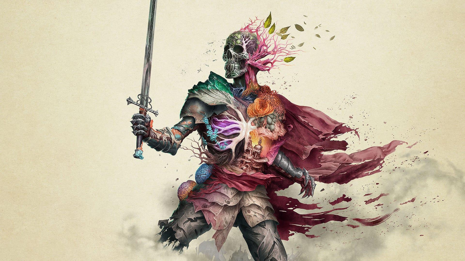 Avowed's box art, it's of a person holding a sword whose body is turning into a skeleton and different things from nature.