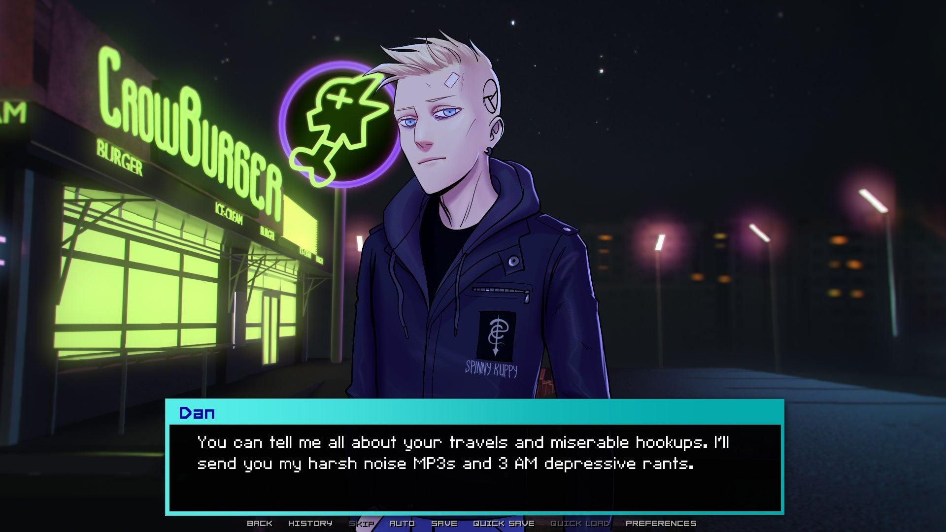 A trendy young man looks at the camera in Dates & Wires. A text bubble reads: "You can tell me about your travels and miserable hookups. I'll send you my harsh noise MP3s and 3am depressive rants."