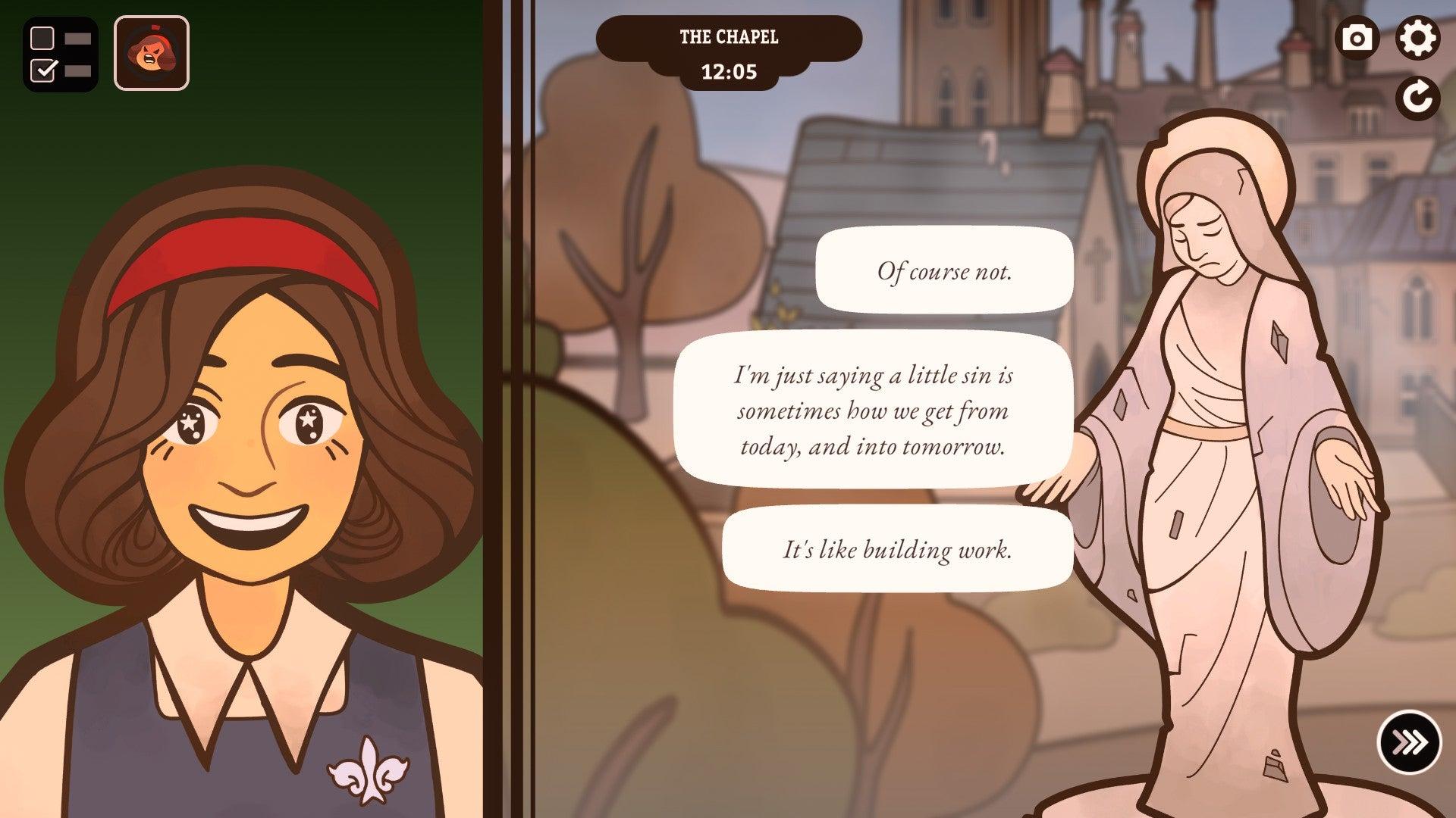 A statue of a nun explains the need to be evil to the protagonist of Expelled!