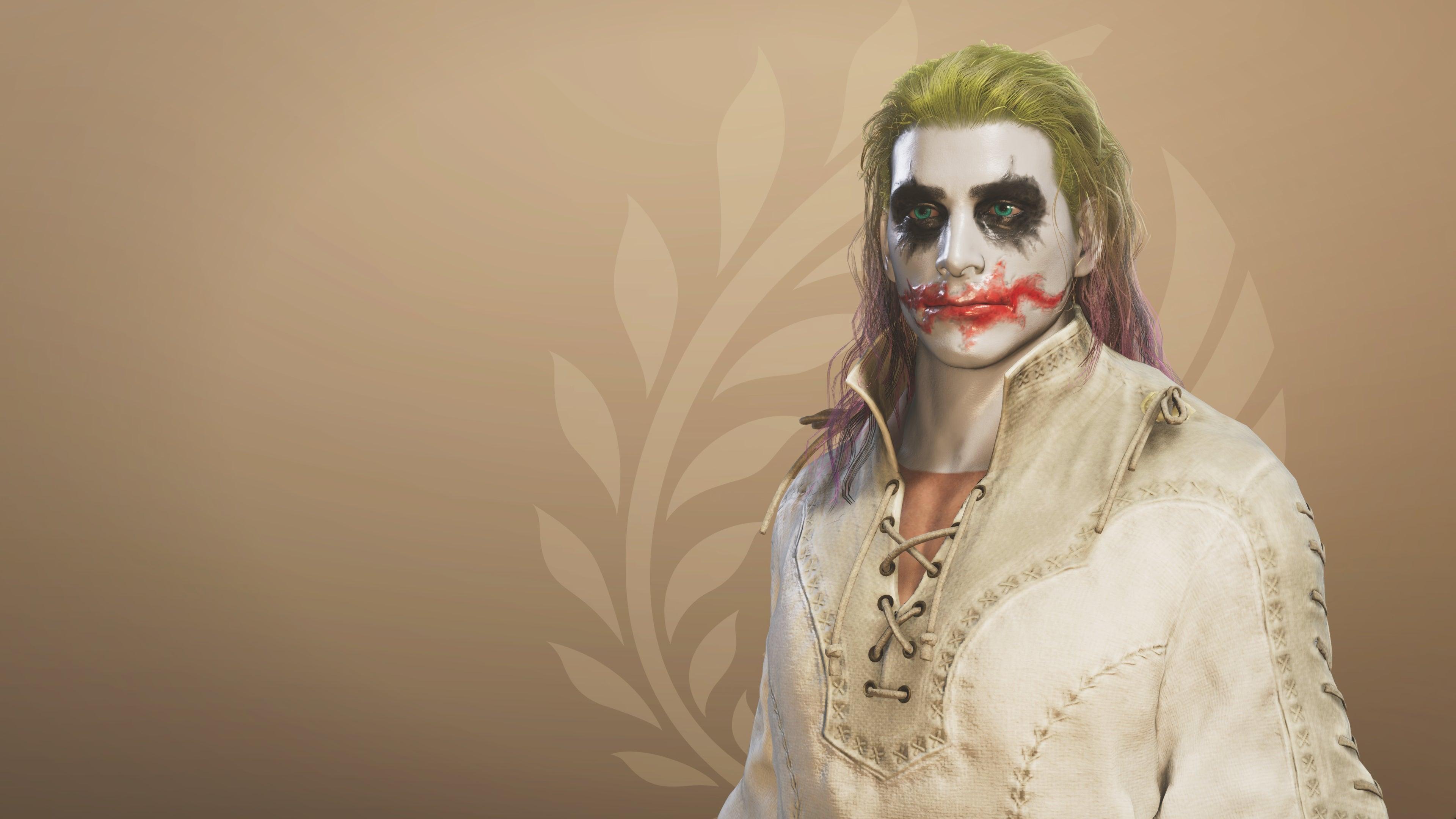 A close-up of the player hunter in the Monster Hunter Wilds character creation screen, having used a character design code to look like Joker.