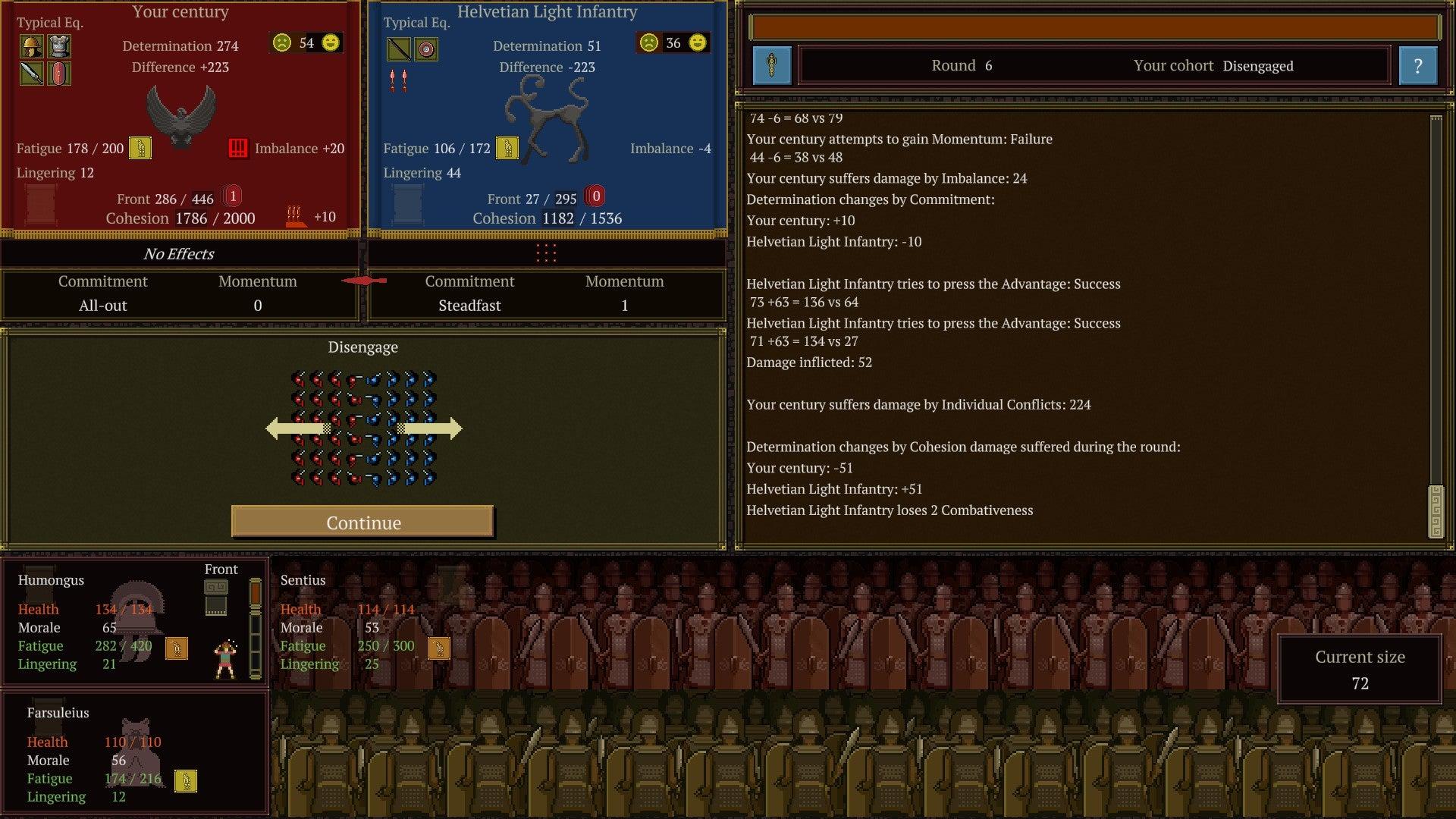 A UI heavy with text and numbers portrays a battle between your Roman centurion and an enemy in Never Second In Rome.
