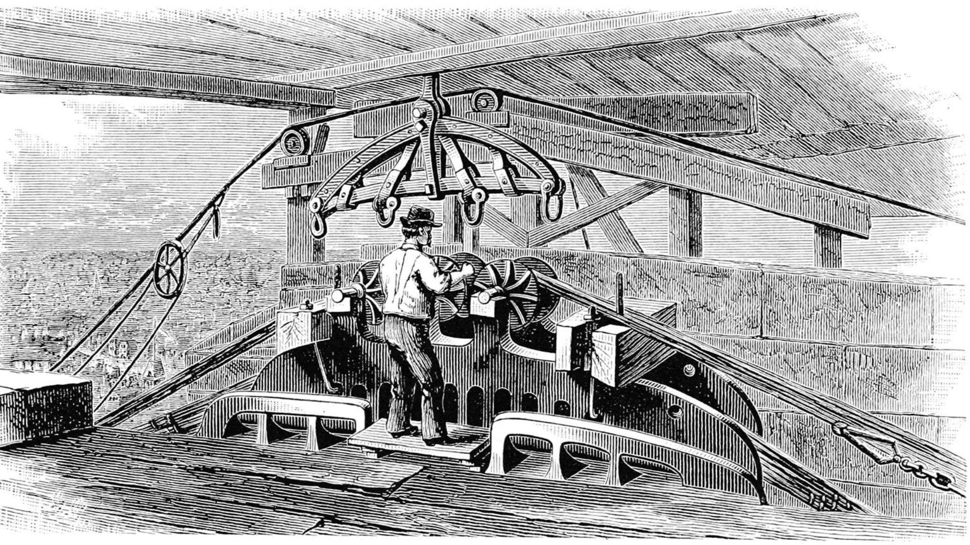 An old black and white vintage illustration of a worker laying a cable at the top of one of the piers of the Brooklyn bridge.