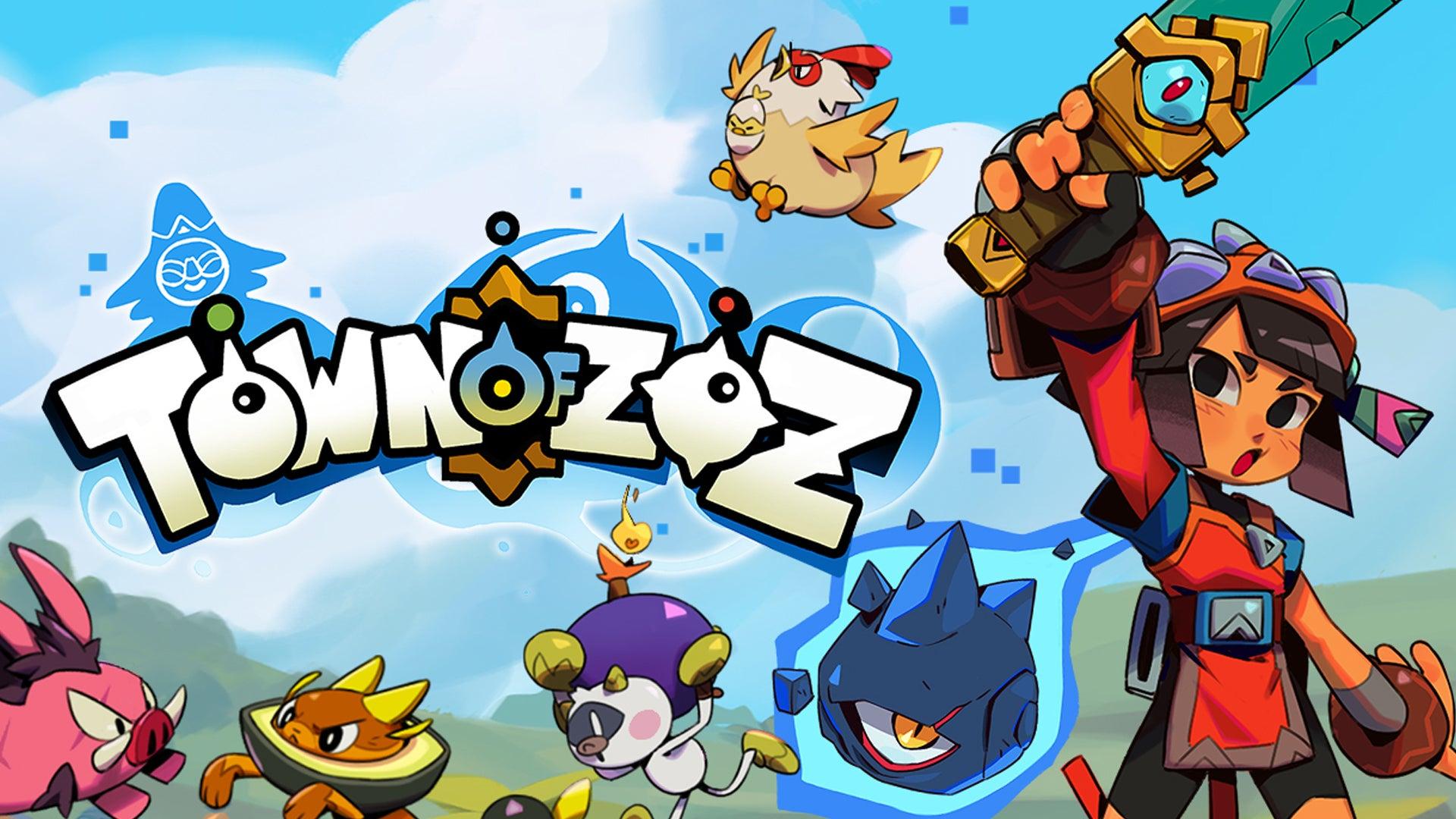 Key art for Town of Zoz showing a chracter holding up a sword, a blue flaming floating sentient rock with an eye next to them, various creatures and animals in the background.