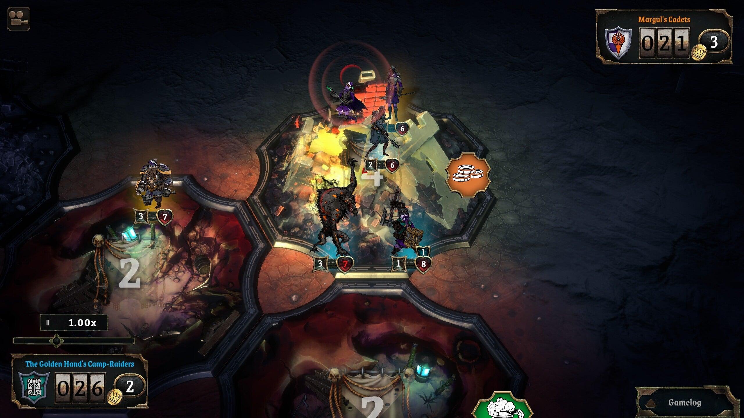 A werewolf fights a dwarf in Vanguard Exiles.