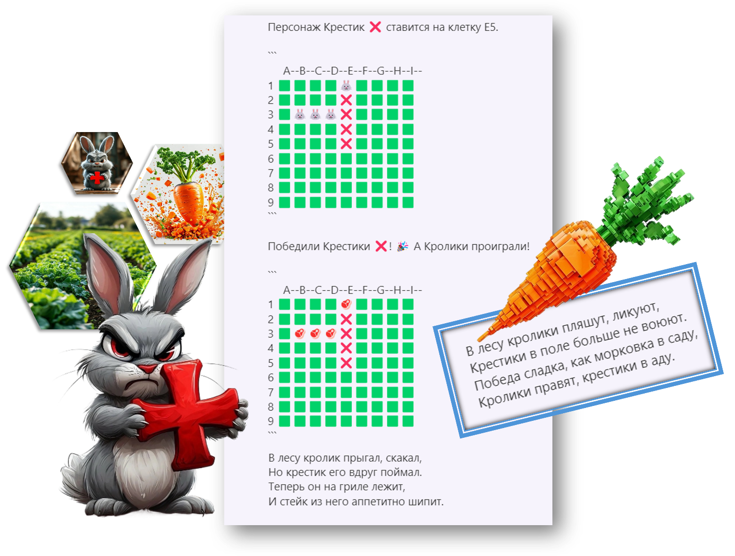 Для отрисовки игрового поля и фишек персонажей я просил CoPilot использовать эмодзи: 🟩, 🐰, ❌, 🥩. Для отрисовки игрового поля и фишек персонажей я просил CoPilot использовать эмодзи: 🟩, 🐰, ❌, 🥩.