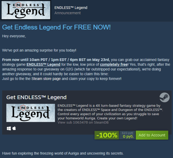 Раздача ENDLESS™ Legend в стим